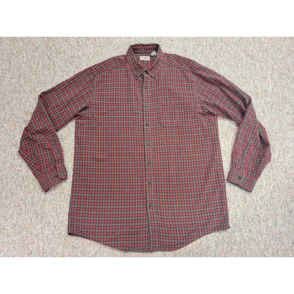 LL Bean Shirt Mens Large Tall Red Green Plaid‎ Button Down Long Sleeve Cotton